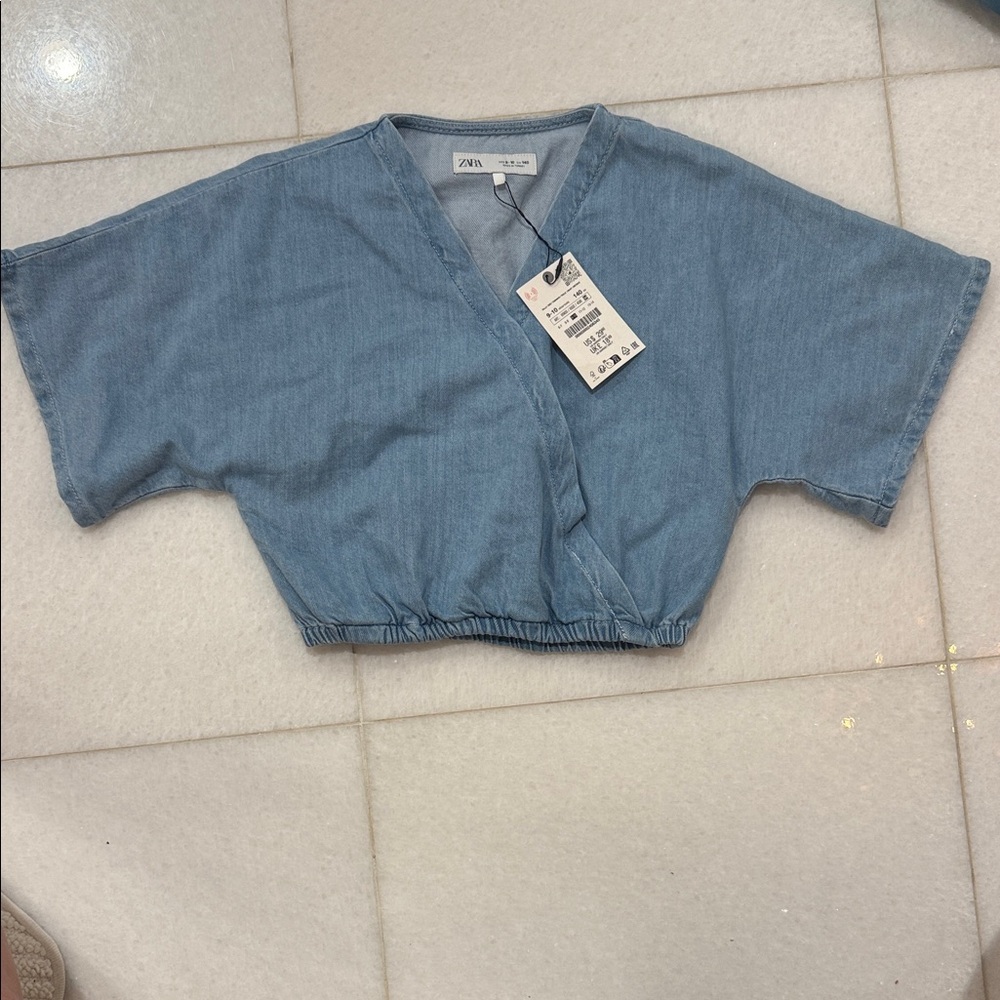 Zara Light Blue Denim Wrap Top